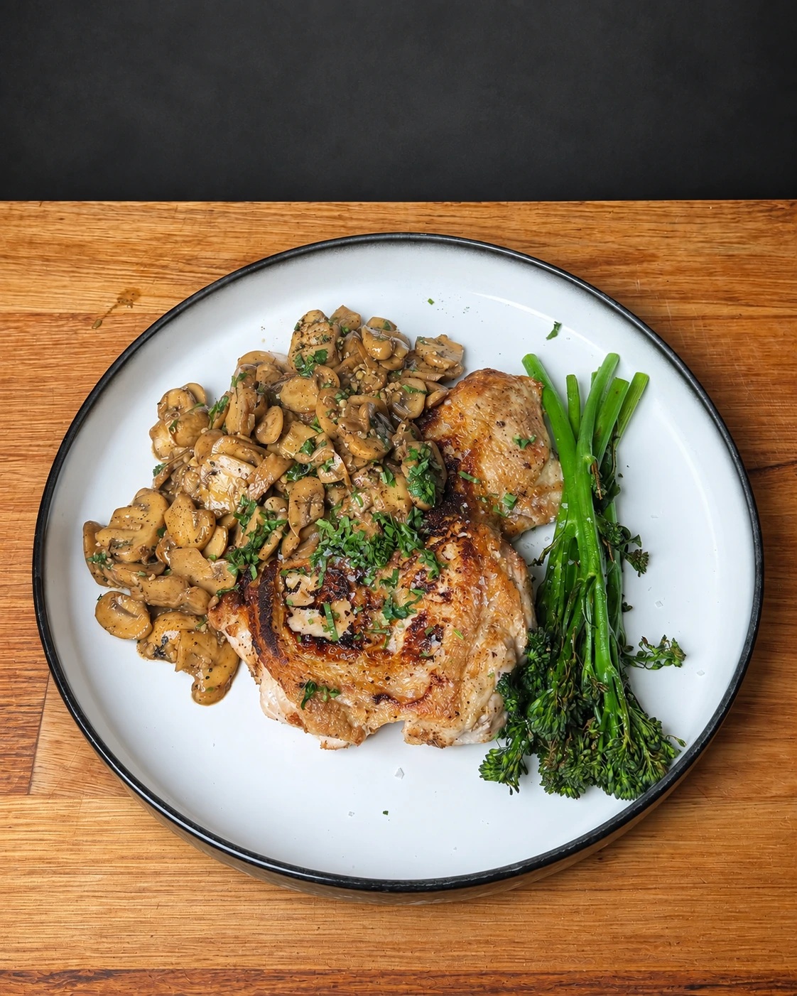 Crispy-skin butterflied chicken with mushrooms and broccolini