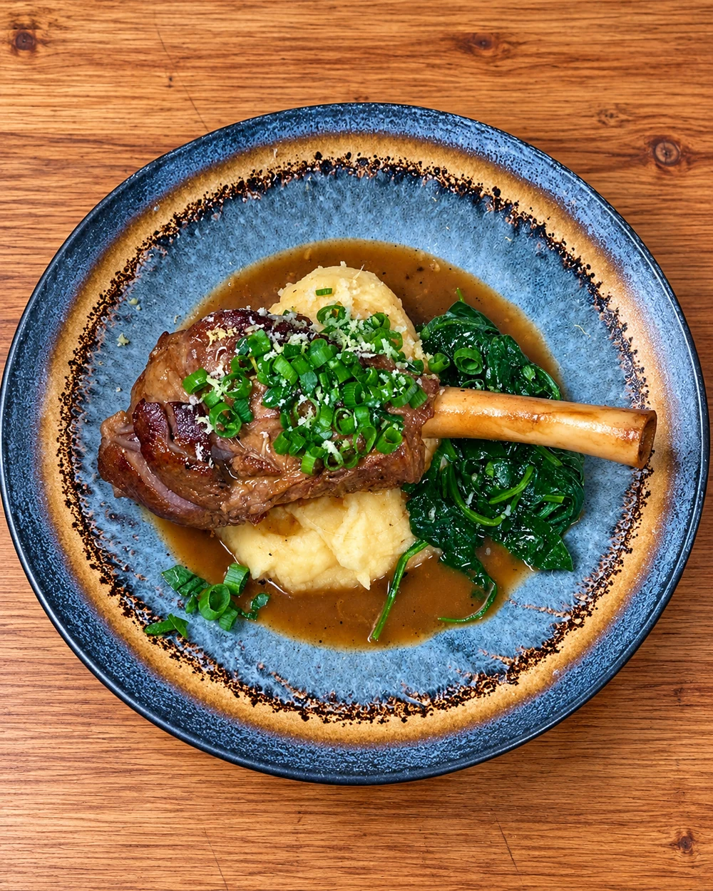 Braised lamb shank on mash with spinach and glossy gravy
